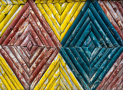 竹栅栏纹理钻石蓝色红色木头褪色黄色画幅风化建筑学图片