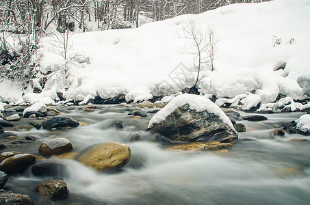 在雪覆盖森林的背景下迅速流淌的山河 因缓慢的百叶窗速度而模糊不清图片