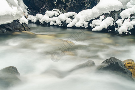 山河在岩石和雪覆盖的树木树枝之间流淌 并拍摄了长期接触的照片图片