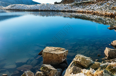 蓝色冷冻湖树木天空公园荒野山脉陨石旅游反射岩石场景图片