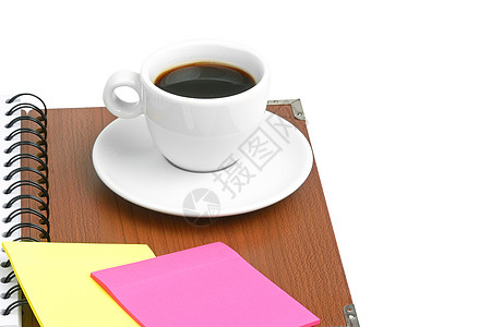 咖啡杯和办公用品螺旋备忘录贴纸总理府药片笔记文档记录笔记本办公室图片