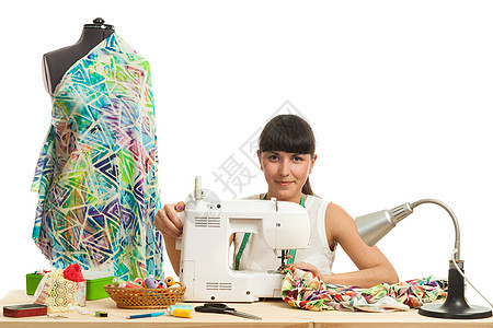 缝合器将产品缝在桌子上测量纺织品创造力黑发配件商业艺术衣服材料机械图片