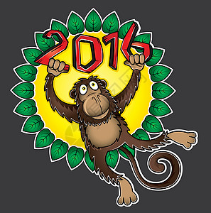 卡通猴子动物和树叶的圆圈装饰背景庆典吉祥物插图荒野艺术哺乳动物卡通片野生动物文化十二生肖图片