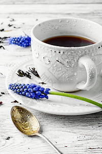 清晨茶杯香气紫色杯子蓝色草本植物桌子花瓣茶碗芳香饮料图片