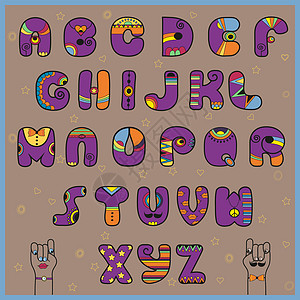 有趣的紫色和橙色字母表胡子英语嘴唇民间领带套房公司潮人字体摇滚图片