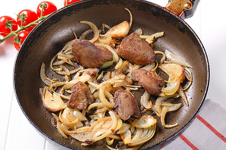 肝和洋葱炊具美食食材厨房鸡肝内脏平底锅午餐食物蔬菜图片