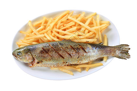 含薯条的格里尔特鳟鱼白色鲑鱼钢头土豆主菜盘子油炸椭圆形食物主餐图片