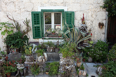 黑山普尔坎杰带绿色门和鲜花的地中海之家住宅国家窗户艺术花朵旅行植物房子建筑物大理石图片