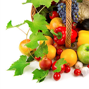 以蔬菜和水果为篮子收藏用品果实胡椒茄子团体橙子青菜托盘藤蔓图片