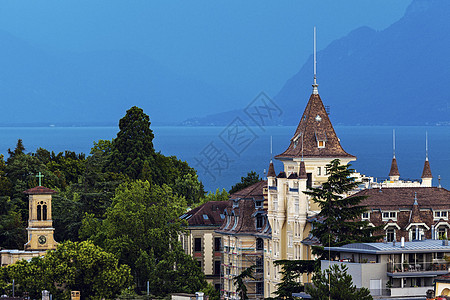 洛桑建筑和日内瓦湖景观建筑学天际城市地标旅行市中心码头蓝色图片