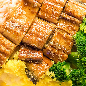 日本烤鱼和碗盘米饭午餐营养炙烤美食鳗鱼海鲜文化背景图片