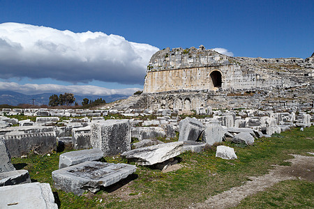 Miletus 古城视图阳光石头建筑学史前史考古学剧院天气寺庙环境废墟图片