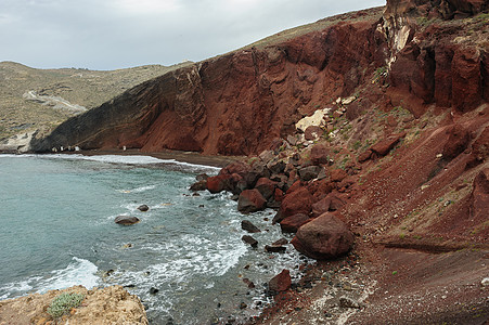 圣桑托里尼红滩天空火山悬崖假期海浪旅行岩石旅游支撑石头图片