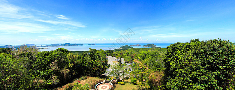 海空和海边旅游城镇Ao 视角高场景土地风景蓝色全景海洋天空绿色城市爬坡图片