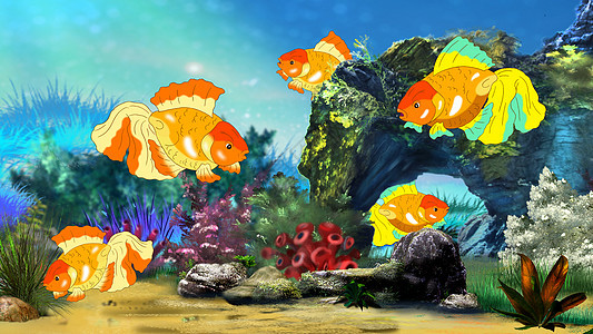 在鱼缸中游泳的金鱼动物群色彩插图蓝色水族馆荒野红色绿色气泡热带图片