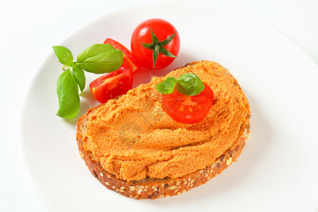 番茄面包盘子白色美味橙子起动机小吃食物泥状辣椒蔬菜图片