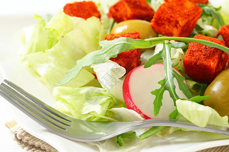 新鲜蔬菜沙拉 加奶酪食物叶菜立方体树叶涂层午餐火箭起动机饮食辣椒图片