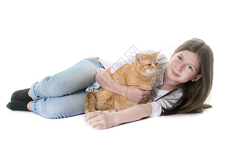 姜猫和少年宠物女士大花猫青少年女孩女性成人工作室动物孩子图片