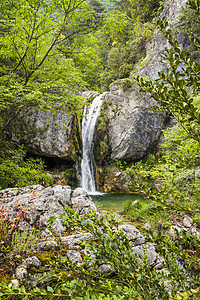 希腊奥林匹斯山脉的我们利亚瀑布溪流森林叶子植物风景石头公园旅游假期流动图片