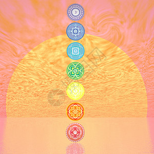 七个脉轮符号列由日落 - 3D rende图片
