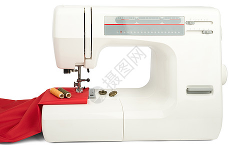 白色上孤立的缝衣机和红织物塑料工具机械金属制造业裁缝缝纫衣服磁带剪裁图片