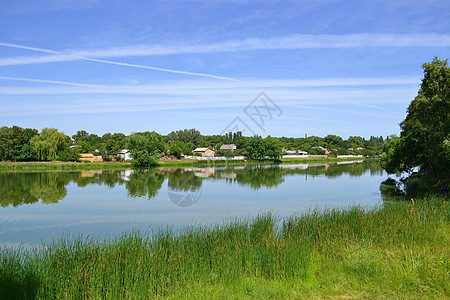风景与河树木蓝色天空植被旅行芦苇海滩假期绿色房屋图片