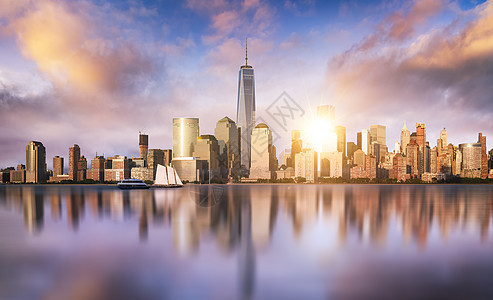 纽约市天际地标摩天大楼城市街道建筑学天线日落全景阁楼市中心图片