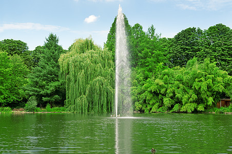 湖中央的喷泉源背景图片