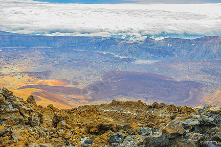 西班牙特纳里费铁德火山顶端的景象沙漠全景国家顶峰山脉风景天空石头旅行公园图片