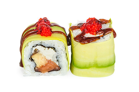 寿司 两卷白色的孤立胶卷美食小吃盘子烟草午餐蚝油奶油食物海鲜图片