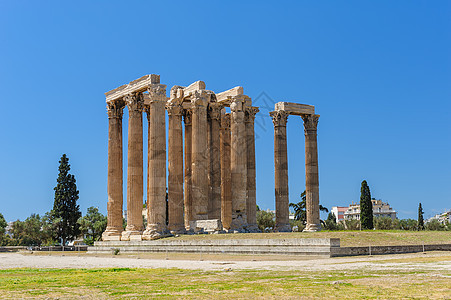 希腊雅典奥林比安 宙斯寺废墟历史性地标寺庙文化大理石蓝色考古学建筑学天空图片