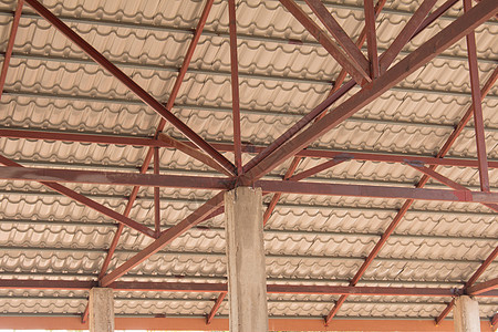 结构钢屋顶材料几何学蓝色光束建筑工厂桁架骨骼房子建筑学图片