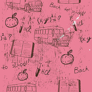 关于学校的无缝纹理化学品笔记印迹收藏校车公共汽车草图海报数字教育背景图片