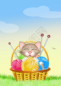 猫咪与一串小毛球草地篮子羊毛宠物猫科玩具动物插图小猫图片