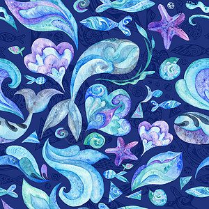 蓝色水彩抽象海洋模式海星墙纸插图藻类薄荷贝壳织物艺术海鲜热带图片