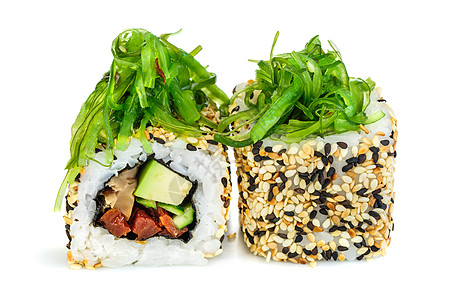 Maki寿司 两卷白色的海草鳗鱼午餐海藻奶油竹卡美食海鲜小吃烟熏图片