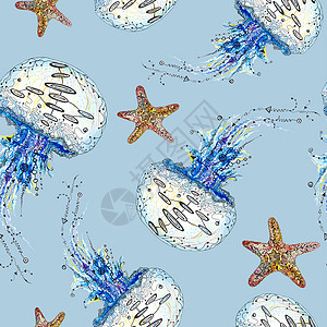 水彩水母和海星模式插图星星野生动物海洋织物热带生活涂鸦纺织品蓝色图片