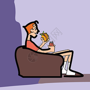 小男孩在沙发上吃快餐闲暇建筑插图食物苏打青少年观众青年男生男人图片