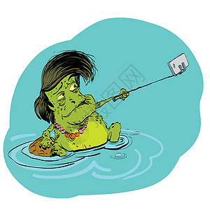 带智能手机的青蛙自拍童话艺术插图互联网沼泽漫画技术动物电话快照图片