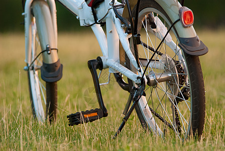 自行车在草地上闭合的详情齿轮活动城市金属运输橡皮太阳送货力量车辆图片