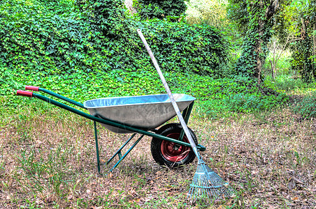 花园里的手推车院子乡村工具大车地面园艺公园独轮车绿色工作图片