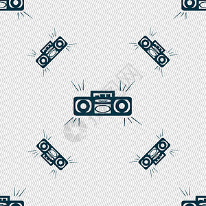 收音机盒式磁带播放器图标标志 具有几何纹理的无缝模式 韦克托立体声扬声器插图录音机技术盒子音乐娱乐电子插画