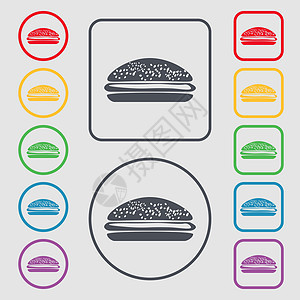 汉堡 汉堡包图标符号 圆形上的符号和带框的方按钮 矢量背景图片