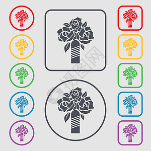 婚礼花束图标标志 带有框架的圆形和方形按钮上的符号 韦克托图片