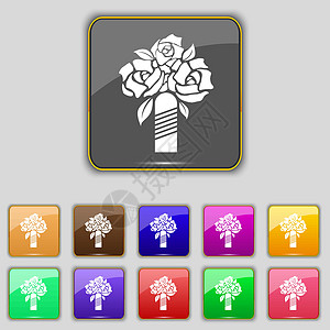婚礼花束图标符号 设置为您网站的11个彩色按钮 矢量图片