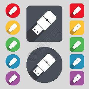 Usb 闪存图标标志 一组 12 个彩色按钮和一个长长的阴影 平面设计 韦克托图片