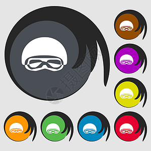 在滑雪面罩滑雪板滑雪护目镜潜水面罩标志图标 八个彩色按钮上的符号 韦克托图片