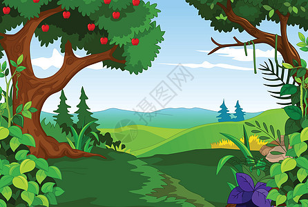 为你设计的美丽绿色森林礼物绘画插图日志山坡灌木丛阴影植物分支机构环境图片