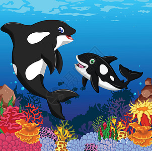 具有水下景观和珊瑚背景的虎鲸卡通图片