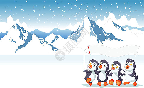 有趣的企鹅举着雪山风景背景的旗帜图片